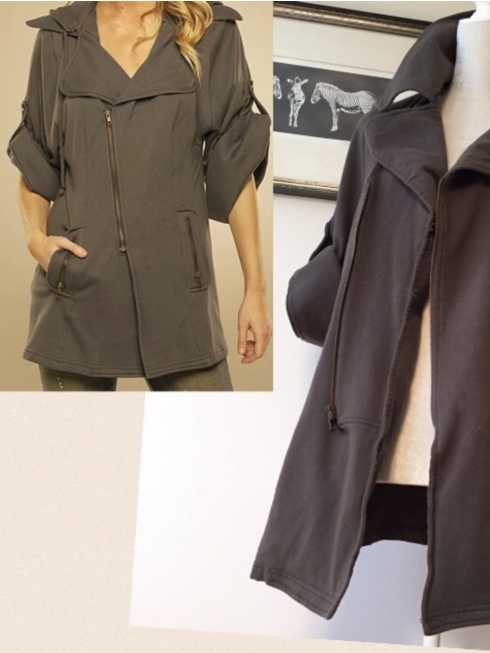 Mike & Chris Ellington 3/4 Sleeve Fleece Trench Jacket Hooded Coat